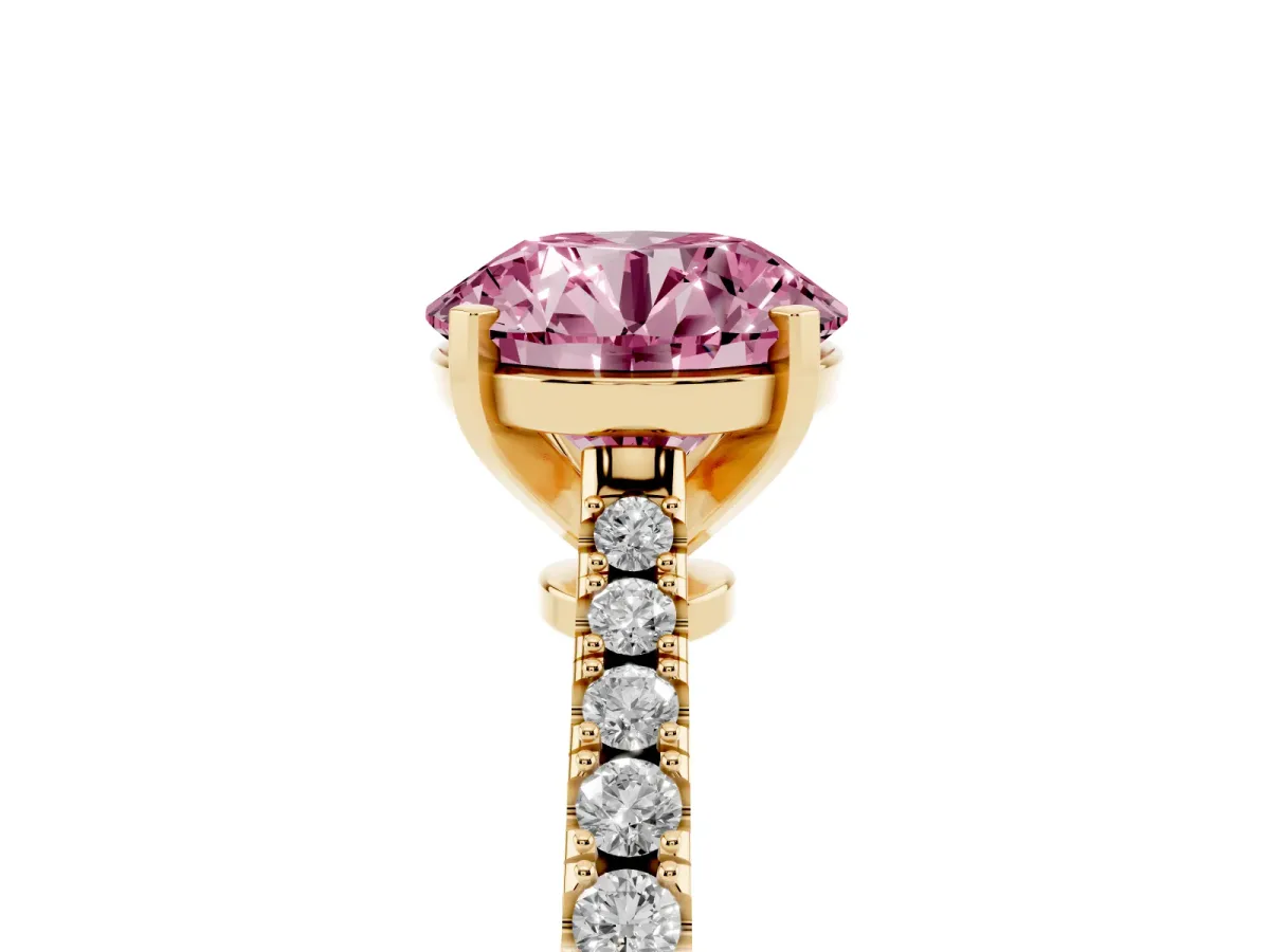 Fancy Pink Round Cut Cut Solitaire Diamond Engagement Ring with Pave Band and Four-Prong Setting Yellow gold