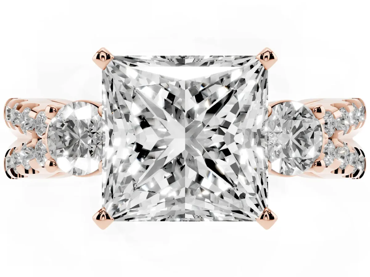 Princess Cut Diamond Three-Stone Ring with Pavé Split Shank and Four-Prong Setting Rose gold