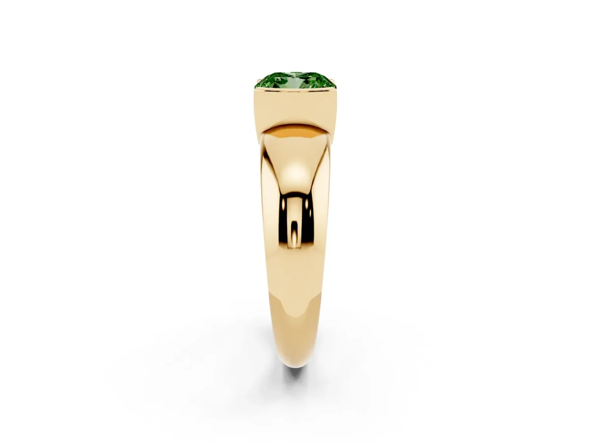 Fancy Green Cushion Cut Solitaire Tension Set Diamond Ring with Wide Band Yellow gold