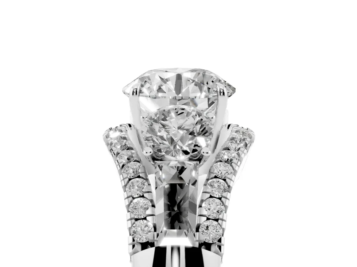 Three-Stone Round Cut Diamond Engagement Ring with Pave Band and Prong Setting Platinum
