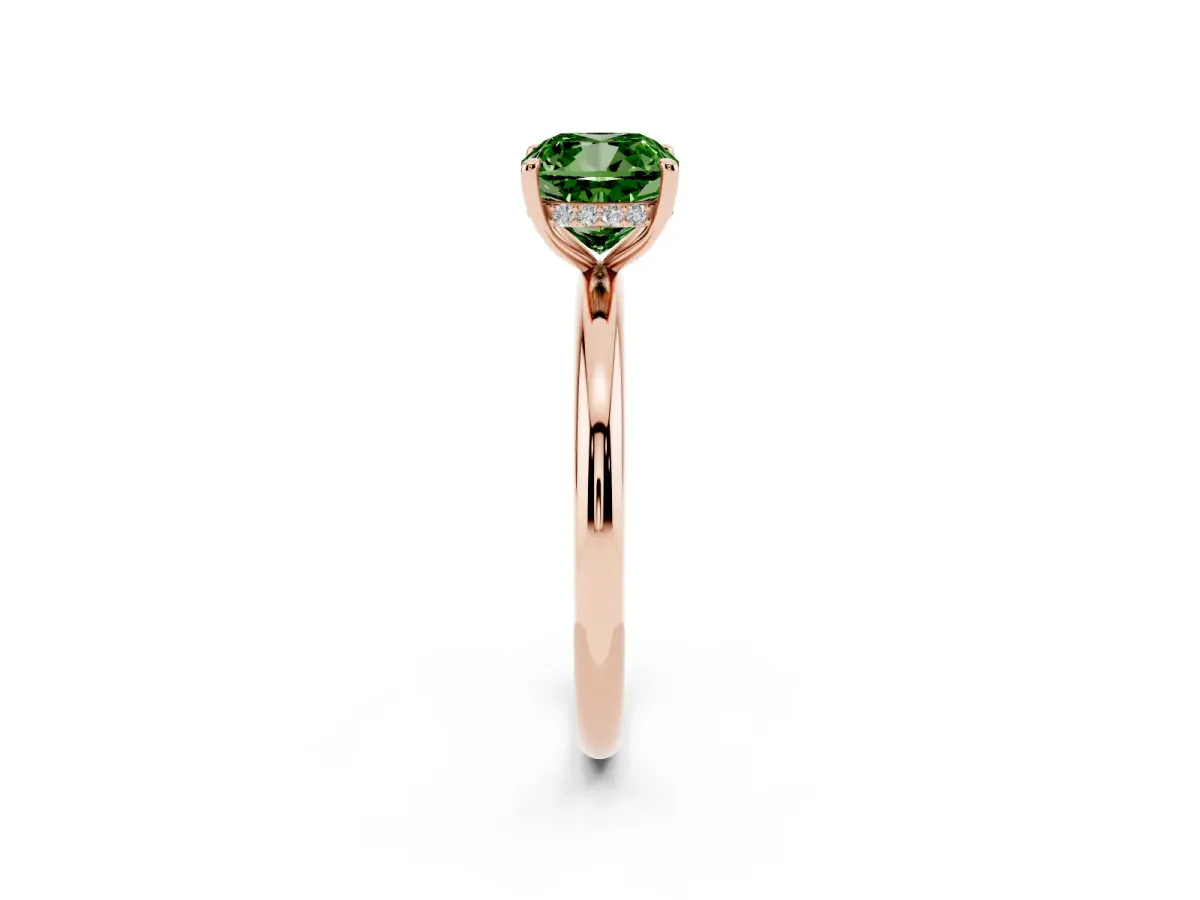 Fancy Green Cushion Cut Diamond Solitaire Ring with Thin Band and Four-Prong Setting Rose gold