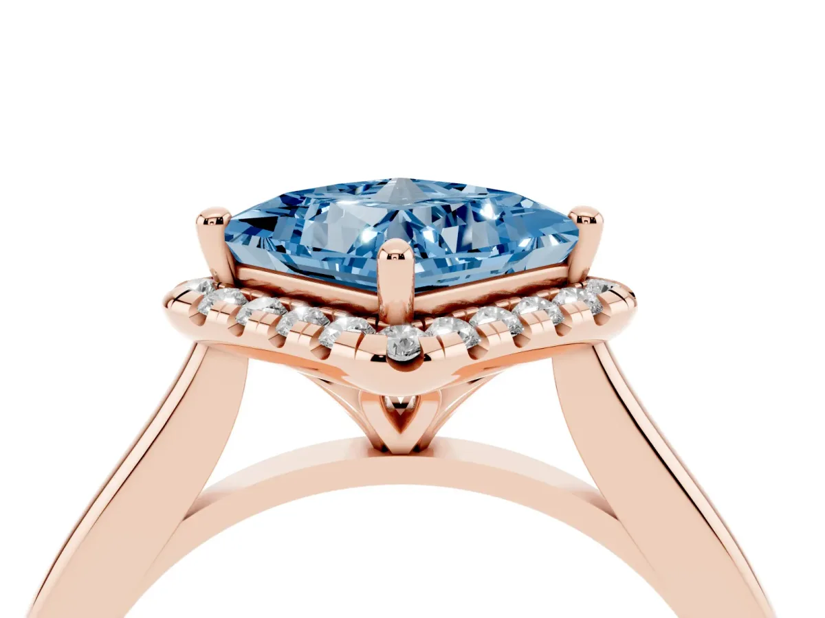 Fancy Blue Princess Cut Halo Round Diamond Solitaire Engagement Ring with Pave Band and Four-Prong Setting Rose gold