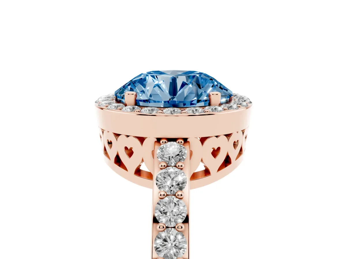 Fancy Blue Round Cut Halo Diamond Pavé Band Ring with Prong Setting Rose gold