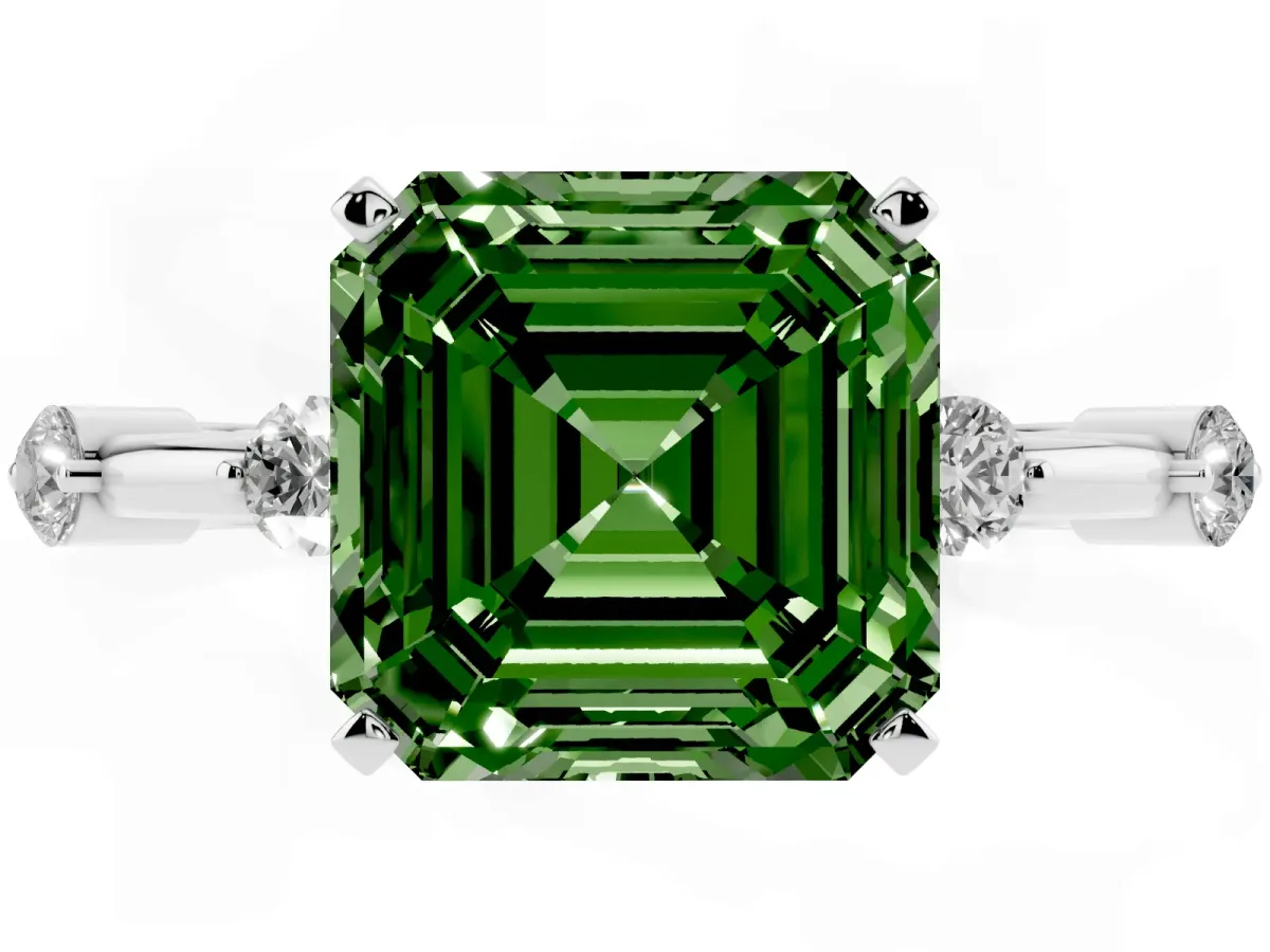 Fancy Green Asscher Cut Solitaire Diamond Ring with Bezel Set Side Stones and Prong Setting Silver