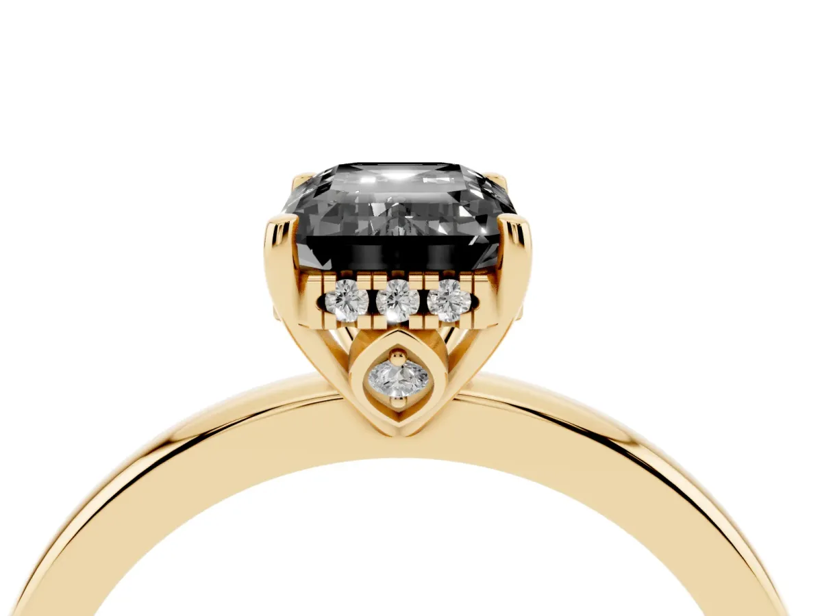 Fancy Black Emerald Cut Solitaire Diamond Ring with Prong Setting and Plain Band Yellow gold