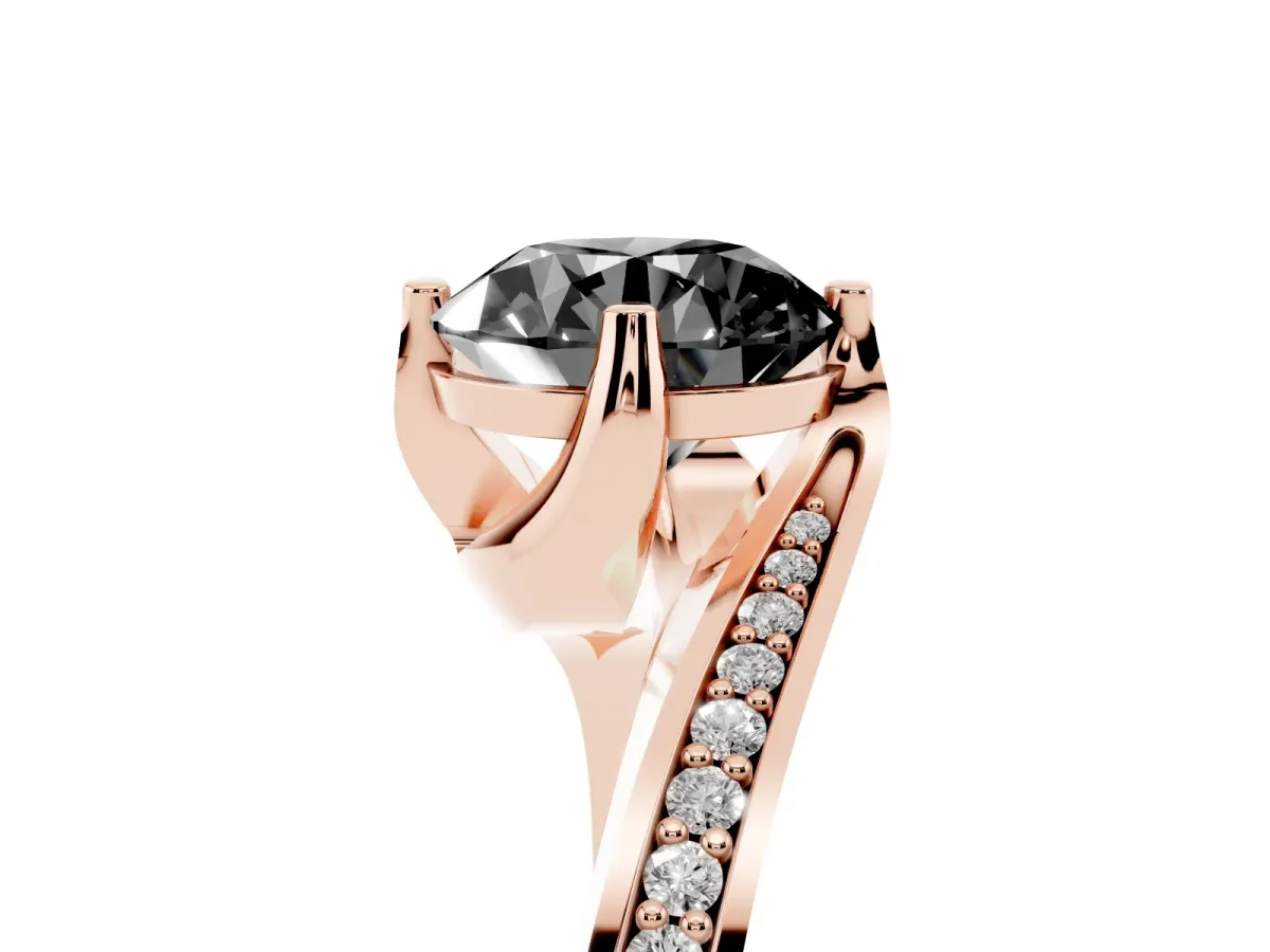 Fancy Black Round Cut Solitaire Diamond Twist Band with Pavé Setting and Four-Prong Setting Rose gold