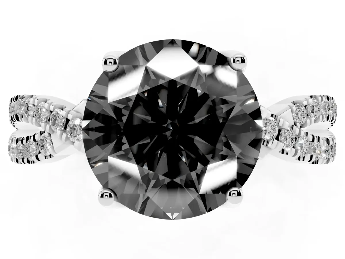 Fancy Black Round Cut Solitaire Twist Pave Diamond Engagement Ring with Prong Setting Platinum