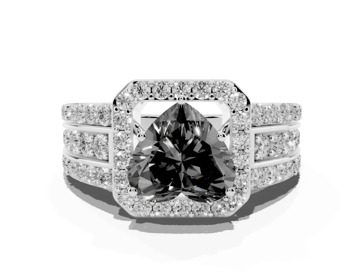 Fancy Black Heart Cut Halo Diamond Ring with Round Split Shank and Prong Setting Silver