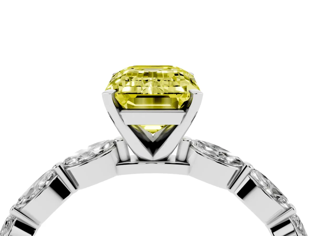 Fancy Yellow Emerald Cut Diamond Ring with Marquise Side Stones and Prong Setting Silver