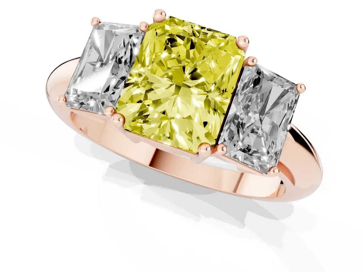 Fancy Yellow Three-Stone Radiant Cut Cut Diamond Engagement Ring with Prong Setting on a White Gold Band Rose gold
