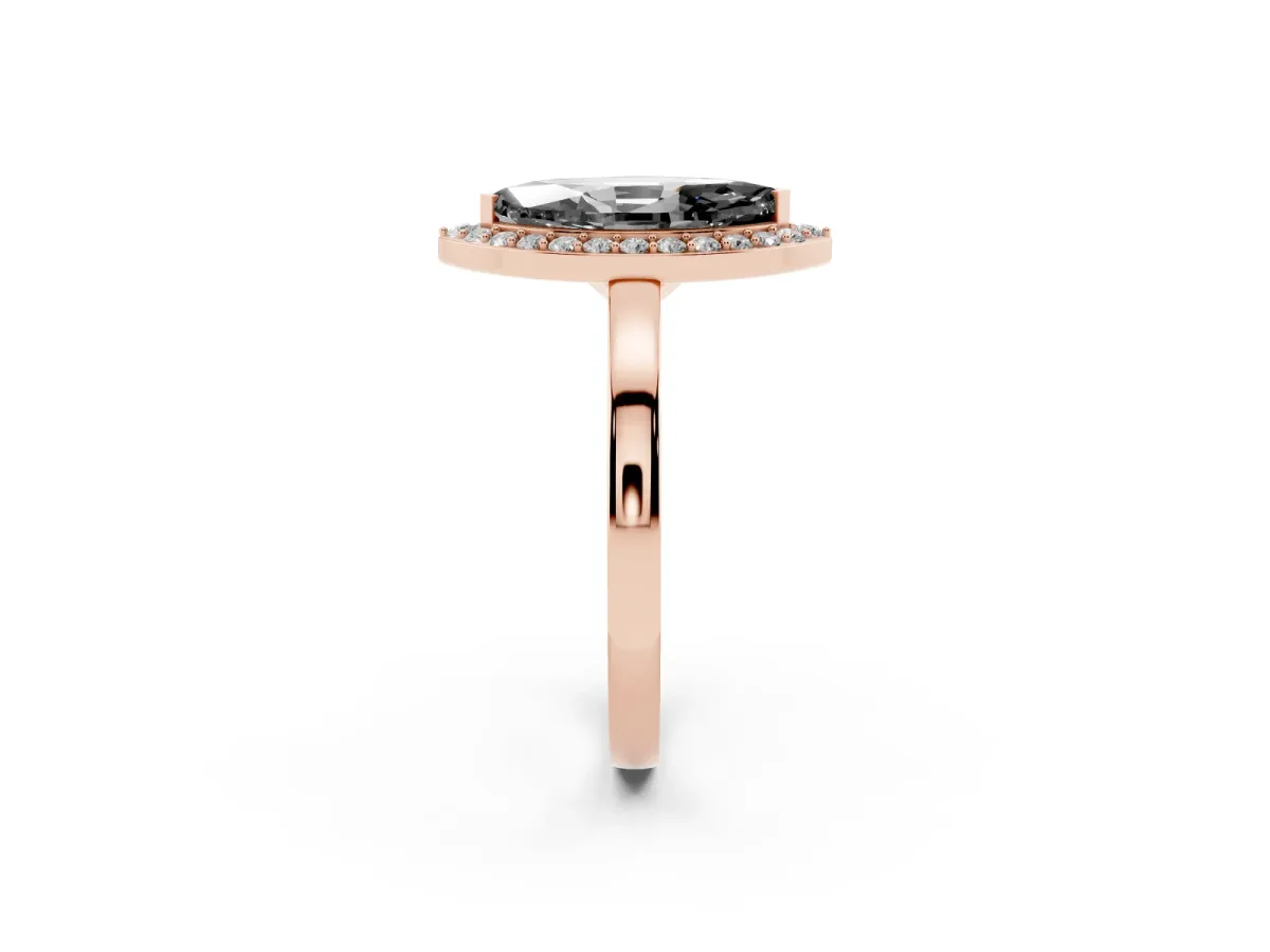 Fancy Black Marquise Cut Halo Diamond Ring with Solitaire Band and Prong Setting Rose gold