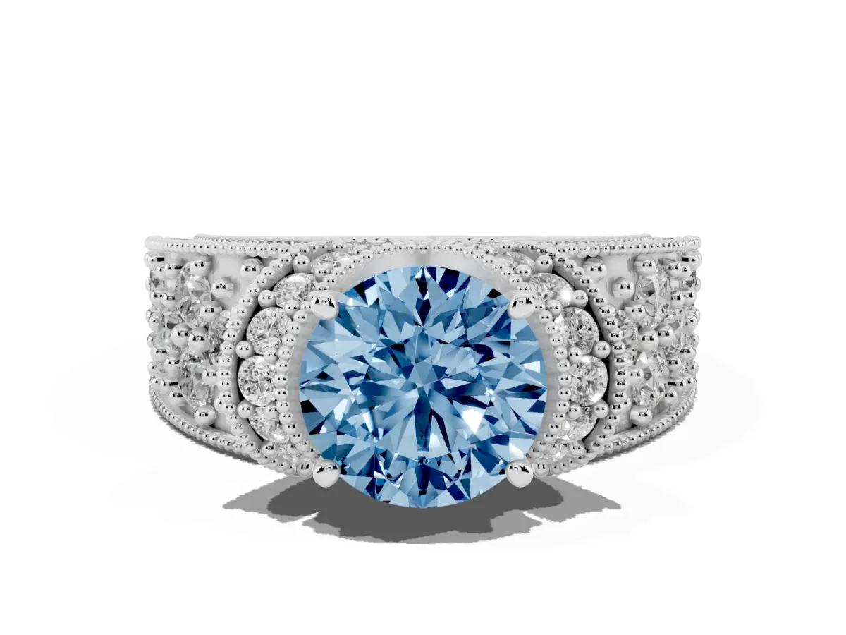 Fancy Blue Round Cut Halo Pave Diamond Engagement Ring with Milgrain Detailing Silver