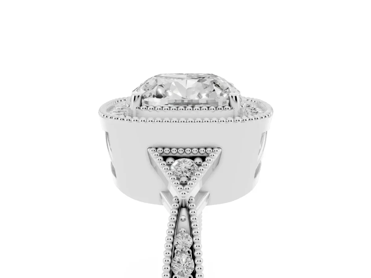 Cushion Cut Halo Round Diamond Milgrain Pave Engagement Ring Silver