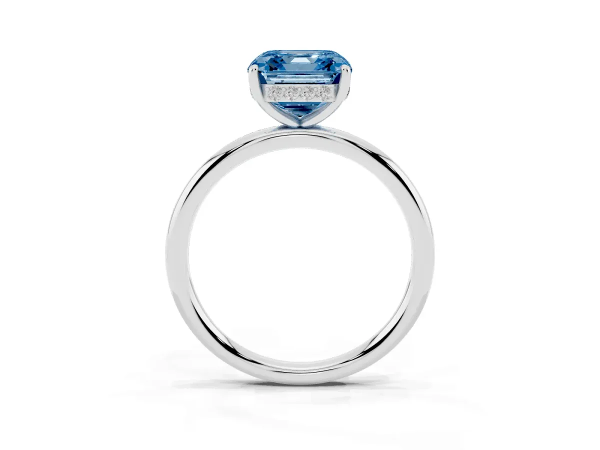 Fancy Blue Asscher Cut Solitaire Diamond Ring with a Classic Band and Four-Prong Setting Silver