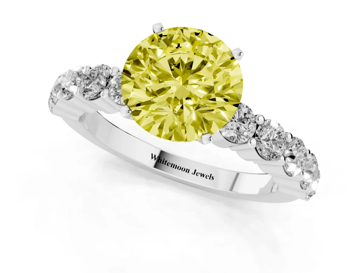 Fancy Yellow Round Cut Diamond Solitaire Ring with Shared Prong Round Side Stones Silver