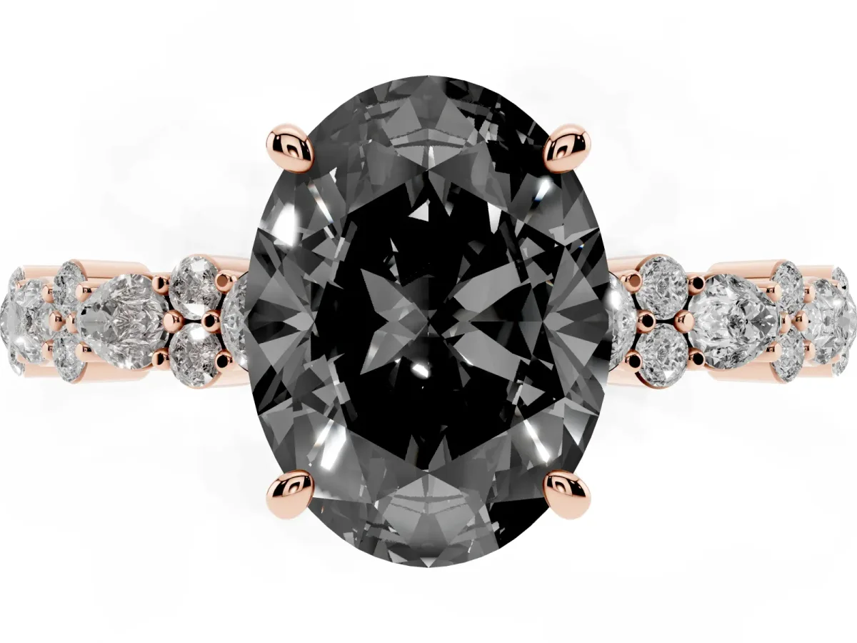 Fancy Black Oval Cut Diamond Side Stone Solitaire Ring with Round and Four-Prong Setting Rose gold