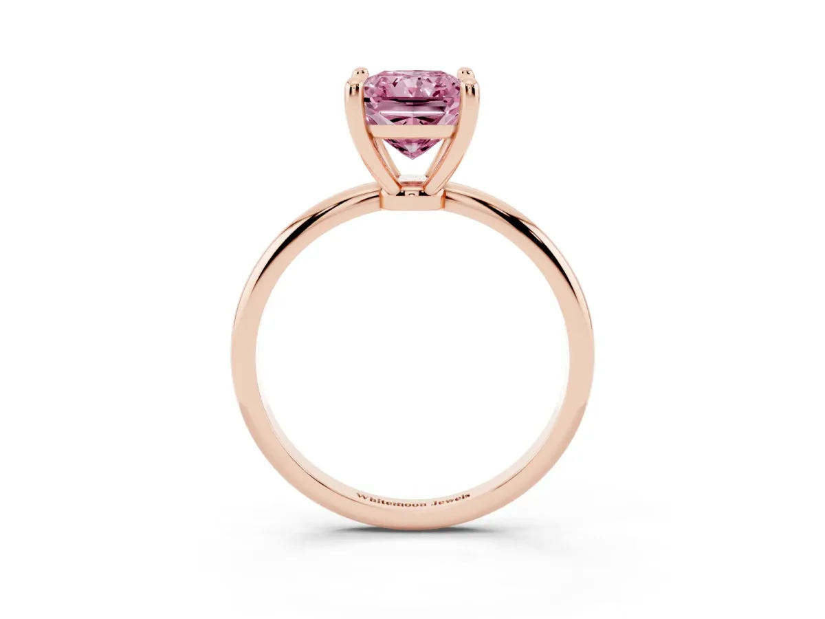 Fancy Pink Radiant Cut Solitaire Diamond Ring with 4-Prong Setting on a Classic Band Rose gold