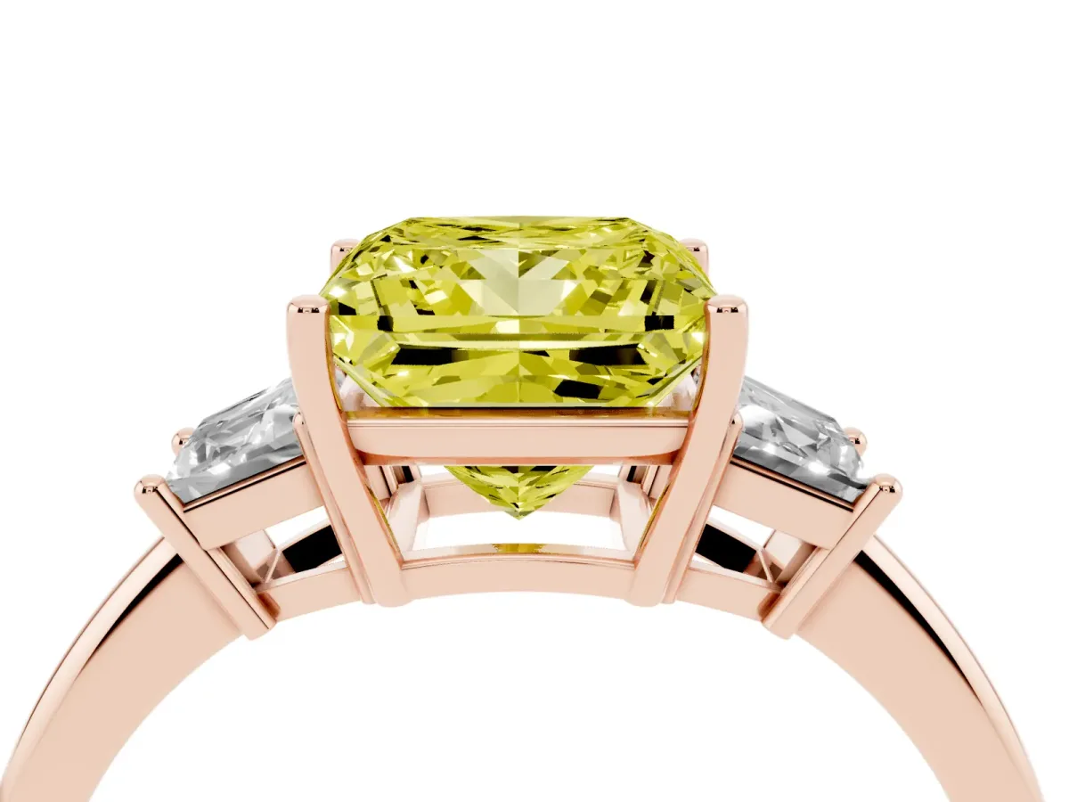 Fancy Yellow Princess Cut Diamond Three-Stone Ring with Trapezoid Side Stones and Prong Setting Rose gold