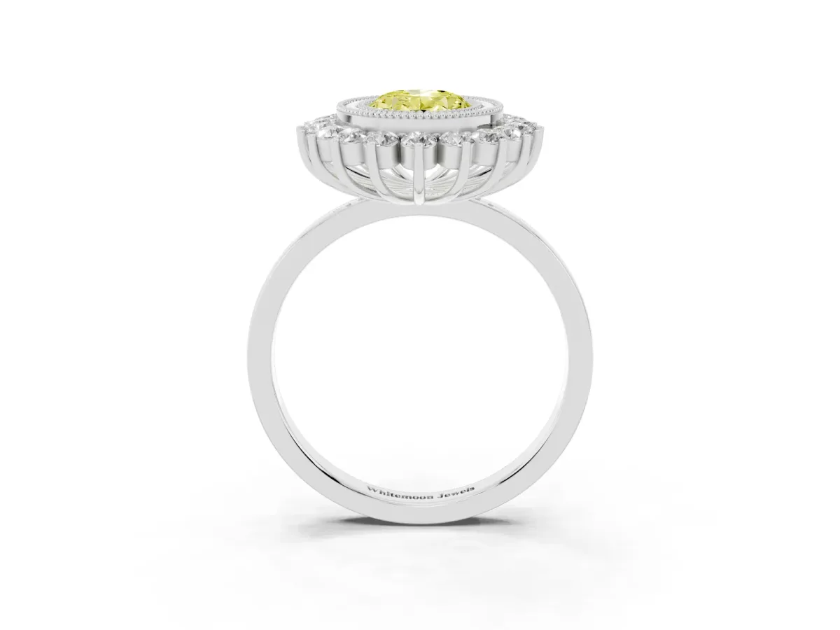 Fancy Yellow Oval Cut Halo Diamond Ring with Milgrain Edge and Round Prong Setting Silver