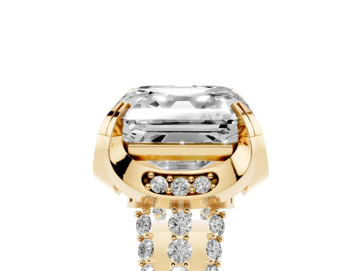 Asscher Cut Solitaire Pave Split Shank Ring with Four-Prong Setting Yellow gold