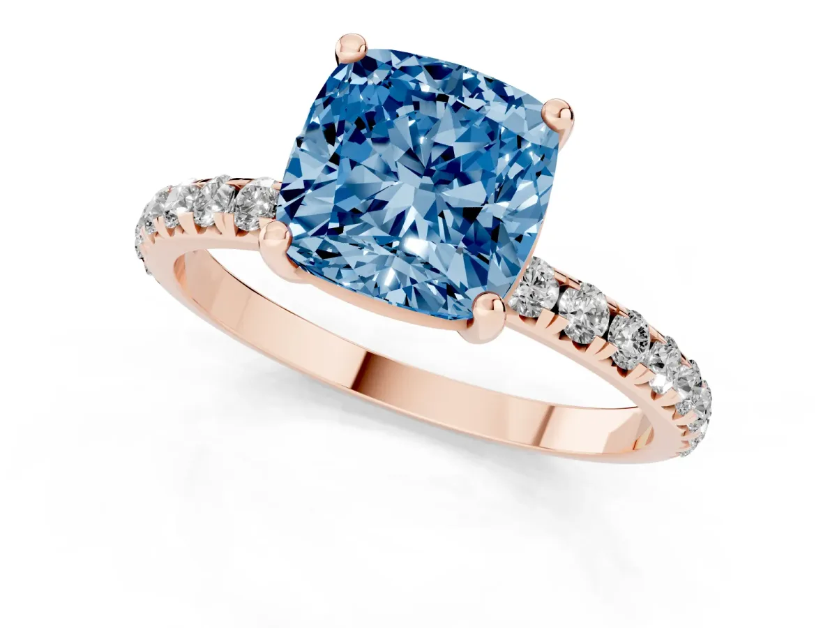 Fancy Blue Cushion Cut Cut Diamond Solitaire Ring with Micro Pave Band and Four Prong Setting Rose gold