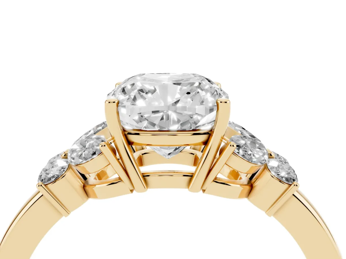 Cushion Cut Cut Solitaire Floral Diamond Ring with Four-Prong Setting Yellow gold