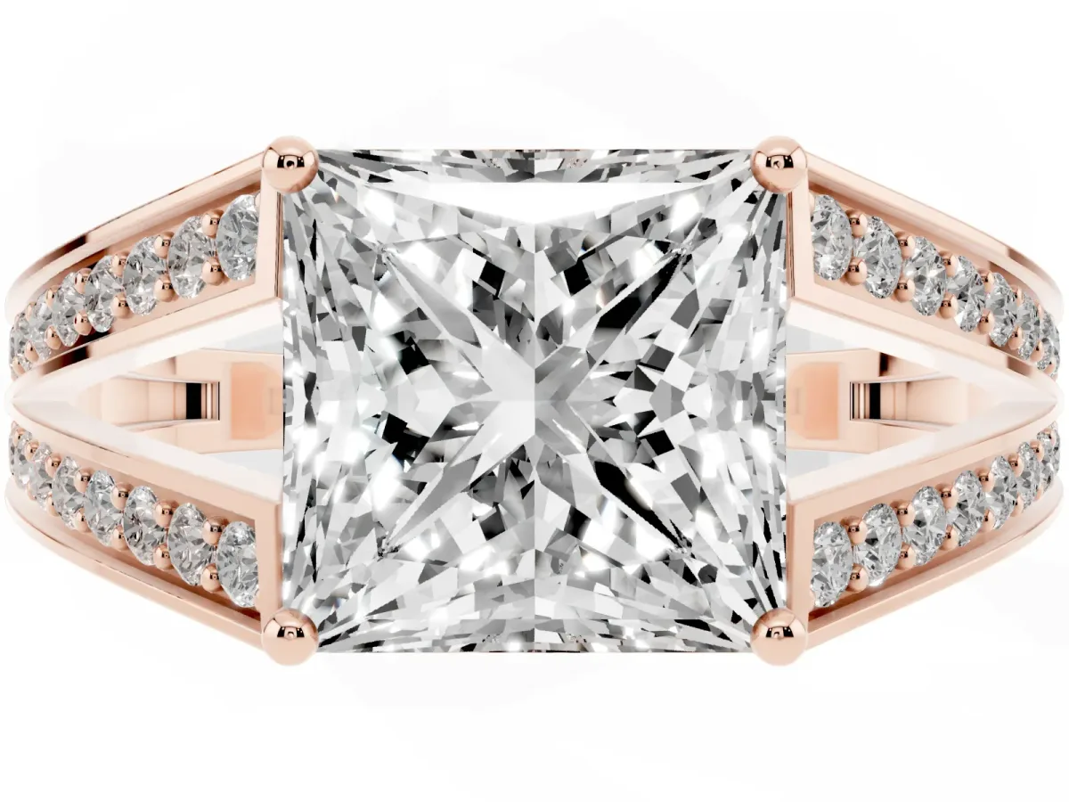Princess Cut Diamond Split Shank Ring with Pavé Band and Four-Prong Setting Rose gold
