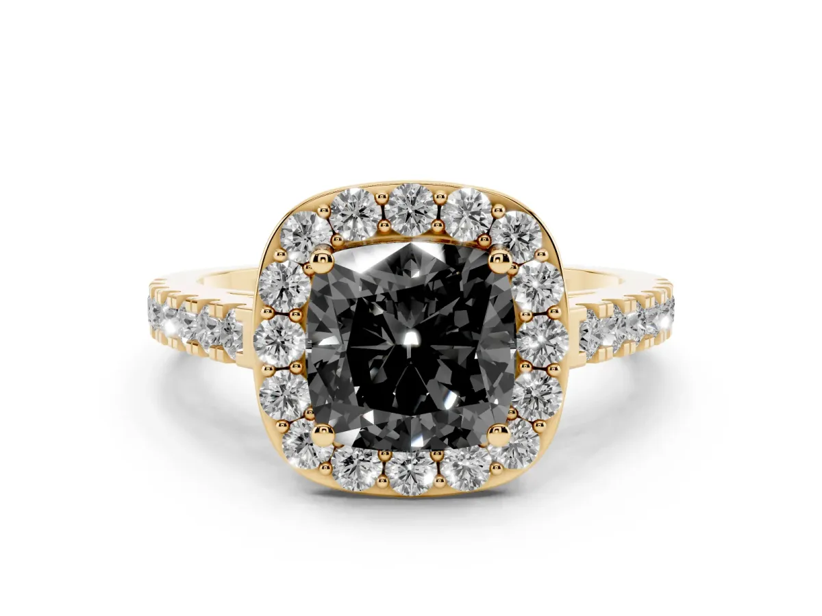 Fancy Black Cushion Cut Diamond Halo Ring with Round Pavé Split Shank and Prong Setting Yellow gold