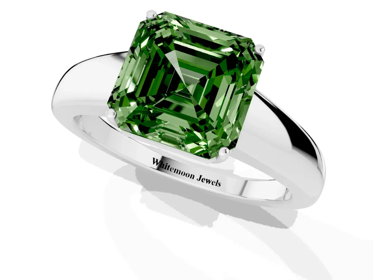 Fancy Green Asscher Cut Solitaire Diamond Ring with Tapered Band and Four-Prong Setting Platinum