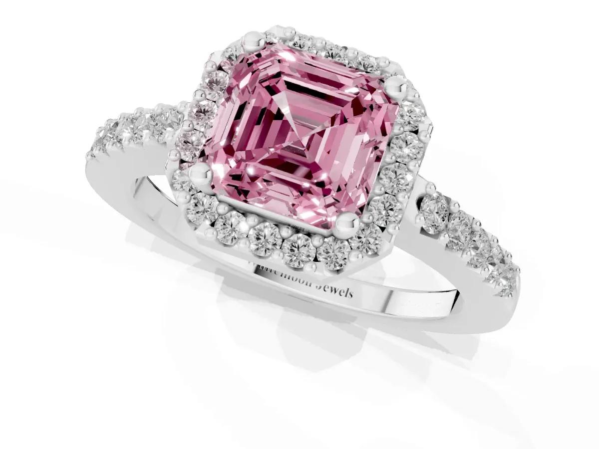Fancy Pink Asscher Cut Halo Diamond Pavé Solitaire Ring Platinum