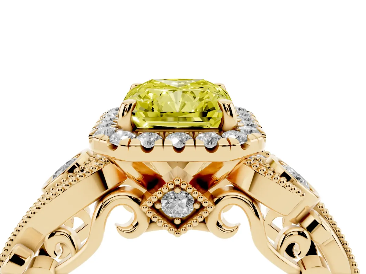 Fancy Yellow Radiant Cut Halo Diamond Ring with Milgrain and Bezel Accents on a Split Shank Band Yellow gold