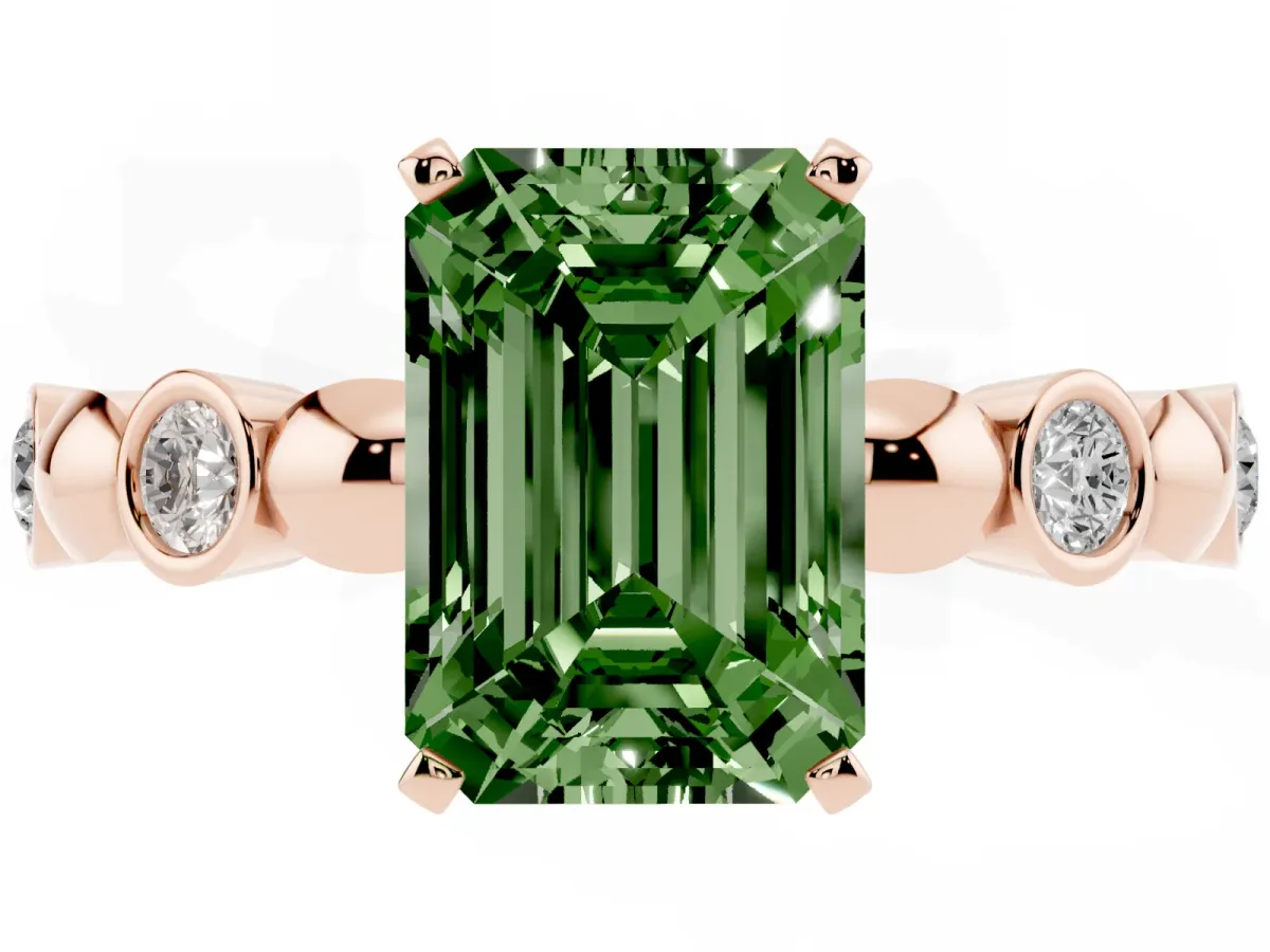 Fancy Green Emerald Cut Solitaire Bezel-Set Diamond Ring with Beaded Band and Four-Prong Setting Rose gold