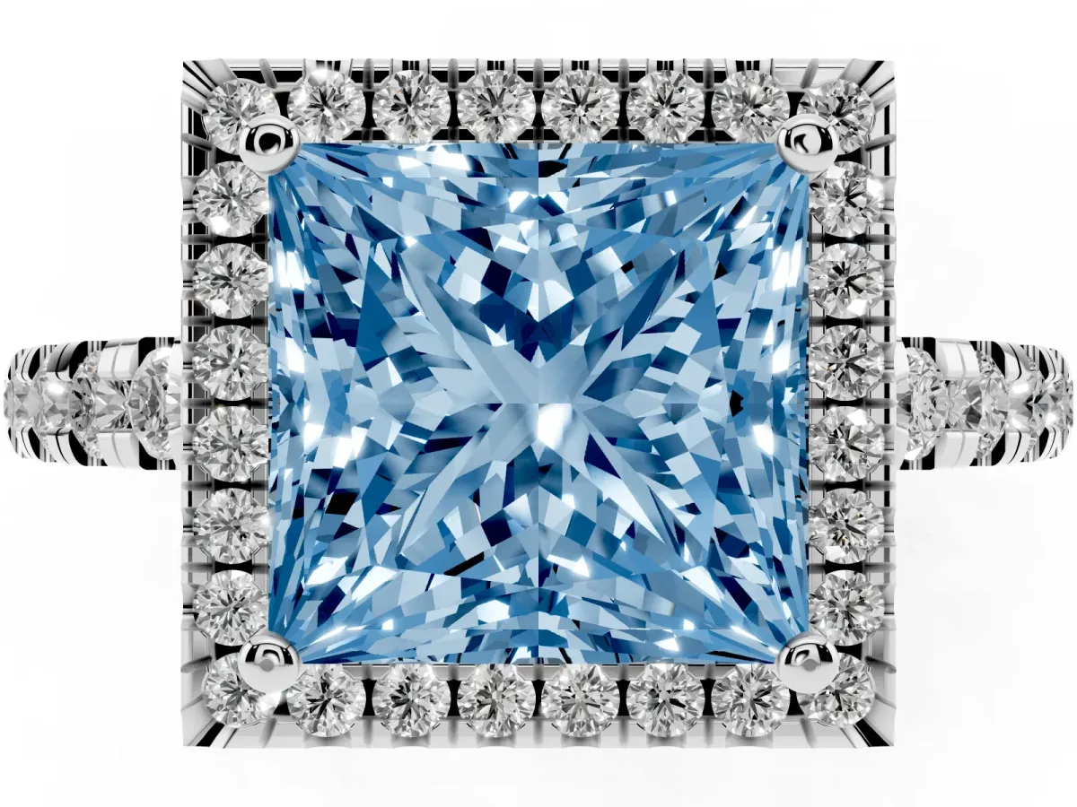 Fancy Blue Princess Cut Diamond Halo Ring with Pavé Band and Four-Prong Setting Silver