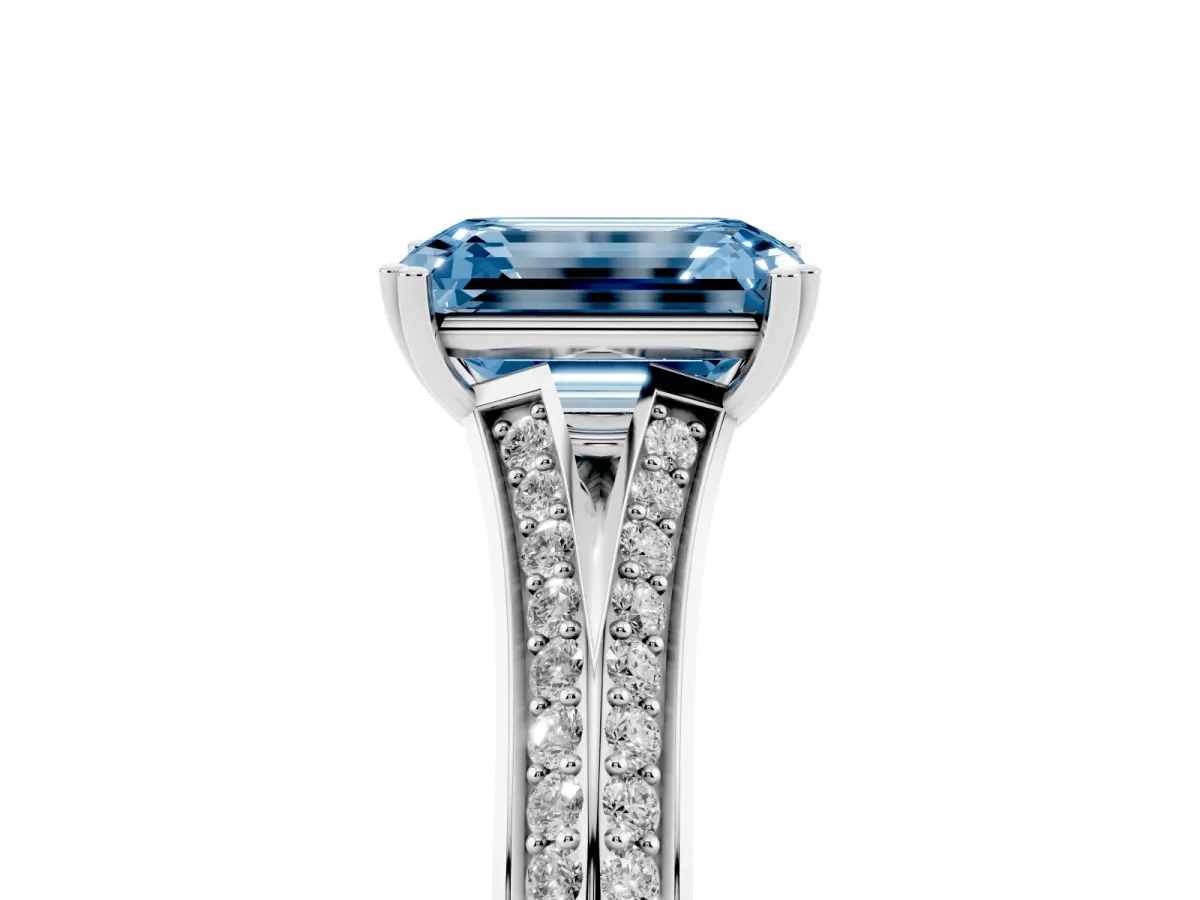 Fancy Blue Emerald Cut Diamond Split Shank Engagement Ring with Pavé Band Silver
