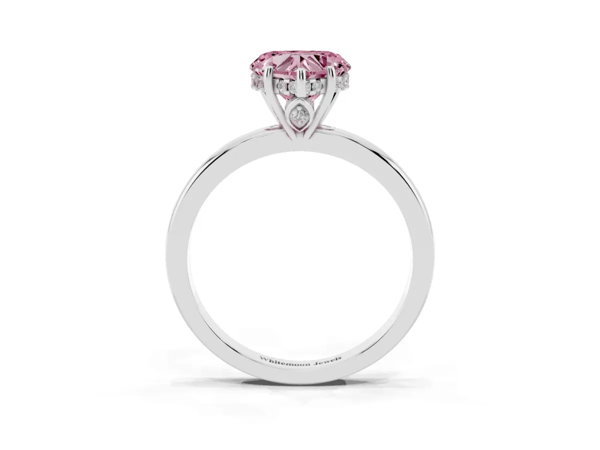 Fancy Pink Heart Cut Solitaire Diamond Ring with Prong Setting and Plain Band Platinum