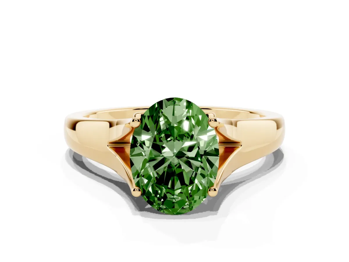 Fancy Green Oval Cut Solitaire Diamond Ring with Cathedral Band and Four-Prong Setting Yellow gold
