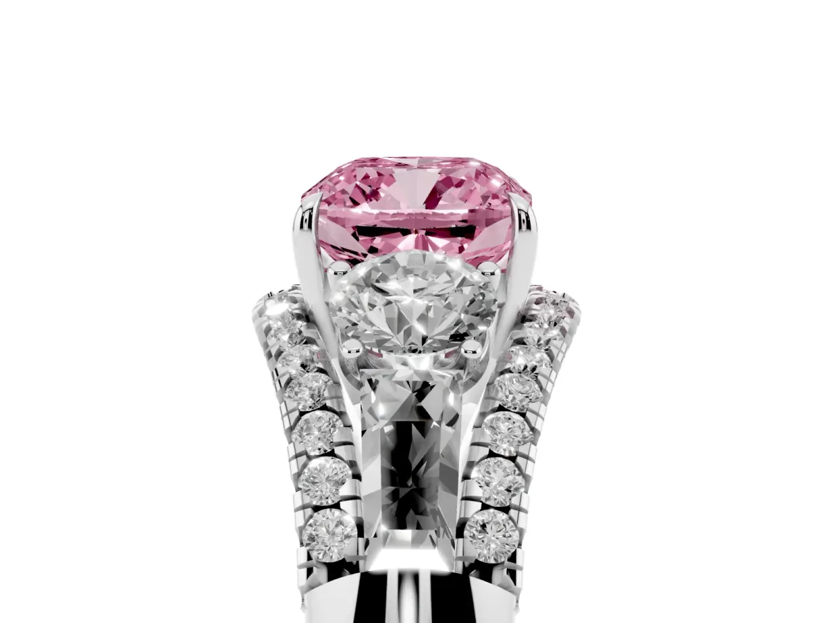 Fancy Pink Three-Stone Cushion Cut Diamond Engagement Ring with Pave Band and Prong Setting Silver