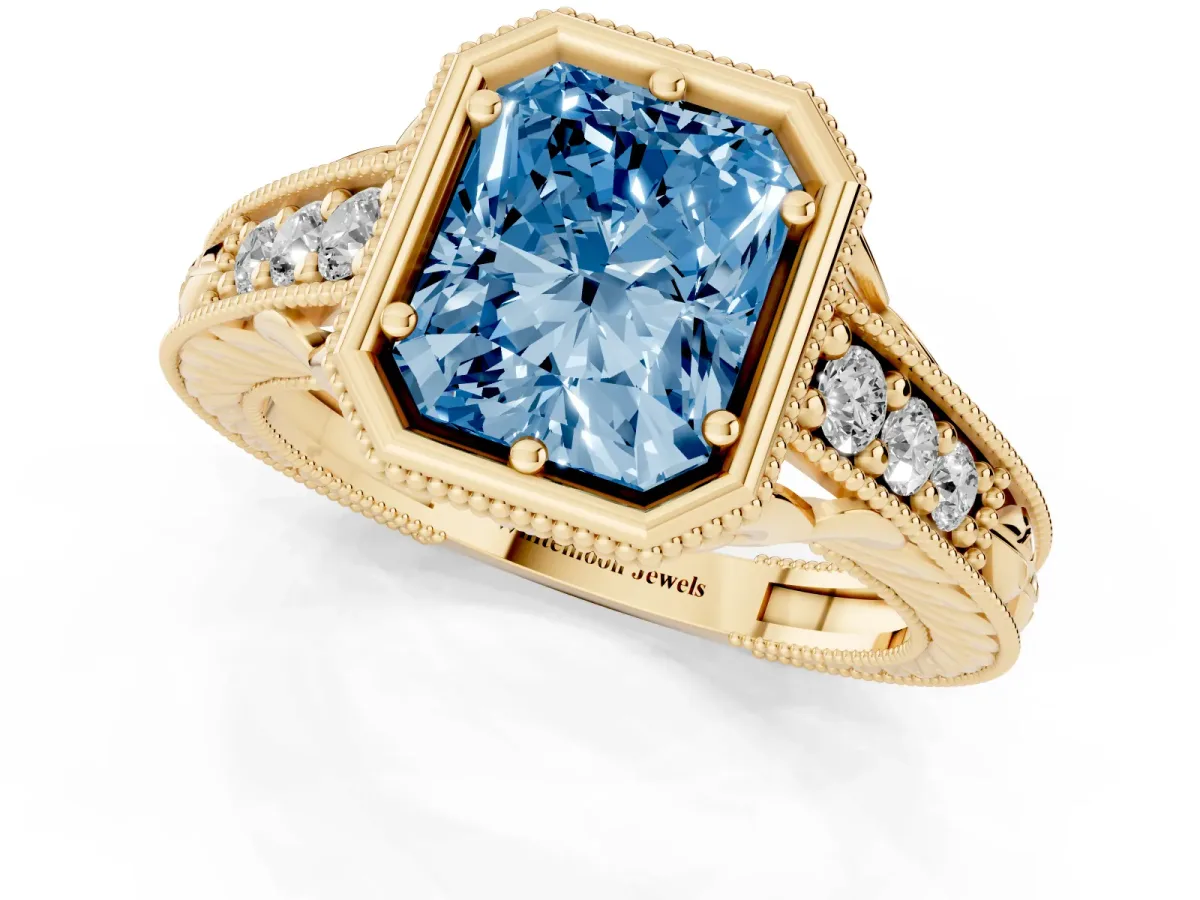 Fancy Blue Bezel Set Radiant Cut Diamond Milgrain Pave Engagement Ring Yellow gold