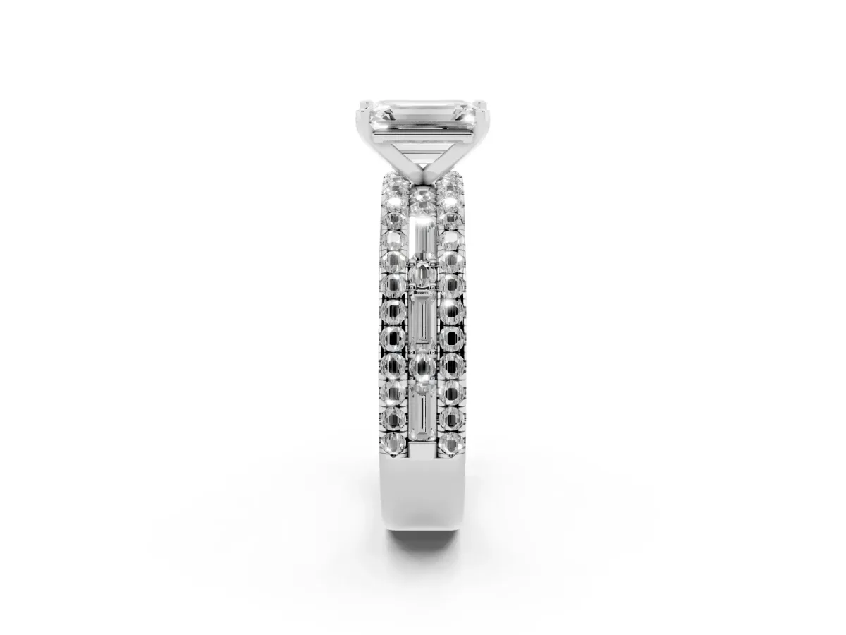 Emerald Cut Diamond Solitaire Ring with Pavé and Channel Set Band Silver