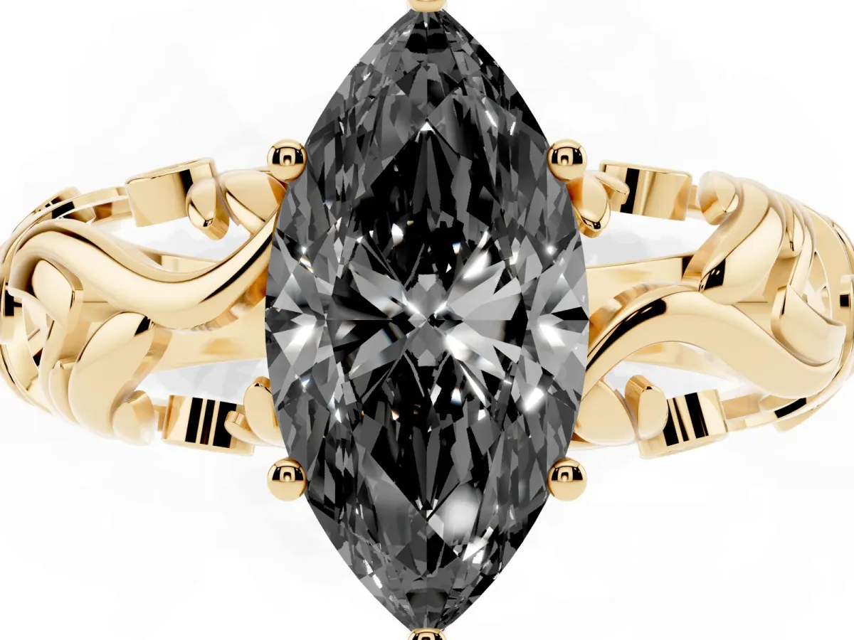Fancy Black Marquise Cut Solitaire Diamond Leaf-Inspired Vine Band Ring with Prong Setting Yellow gold
