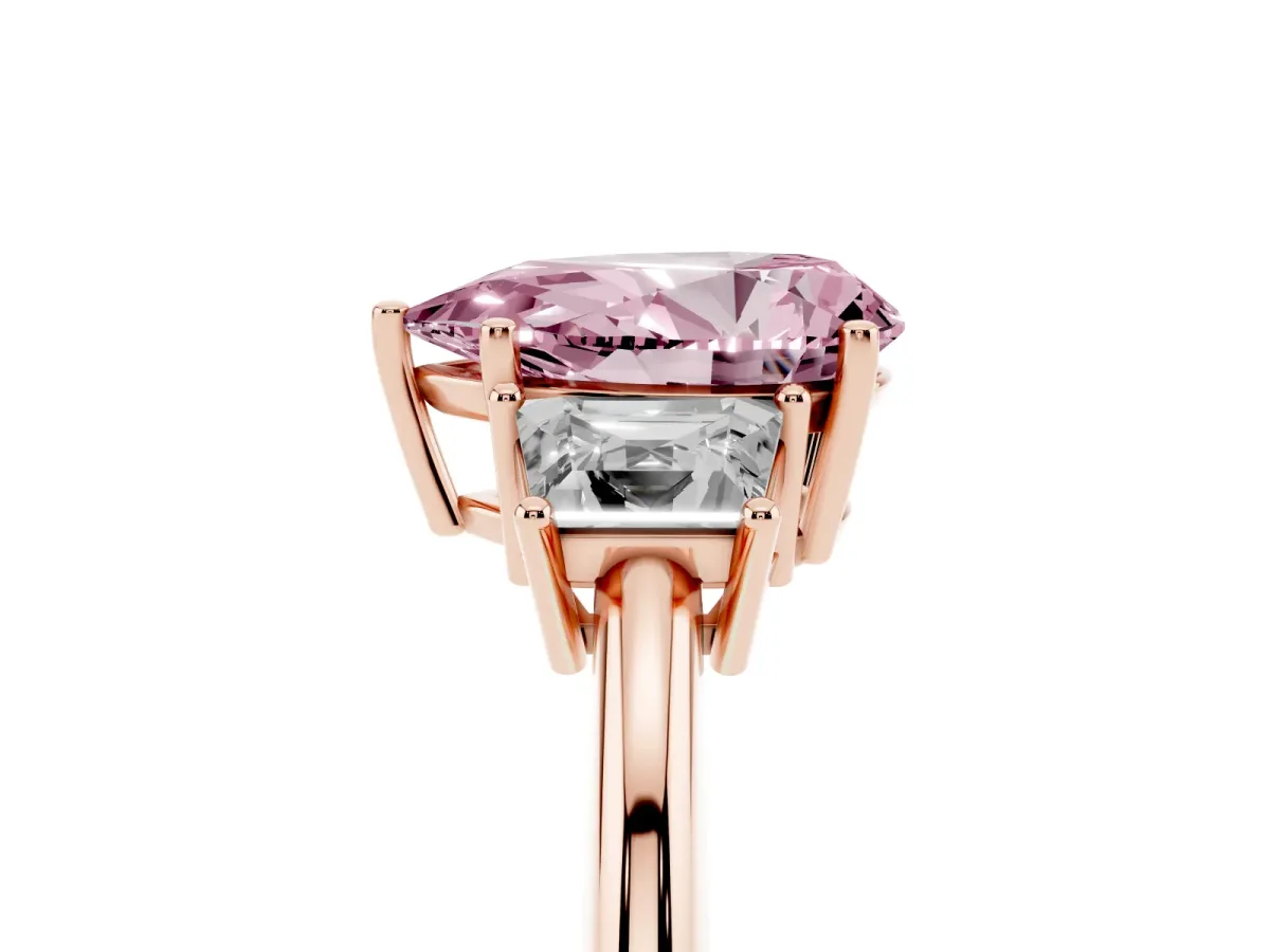 Fancy Pink Pear Cut Diamond Three-Stone Ring with Trapezoid Side Stones and Prong Setting Rose gold