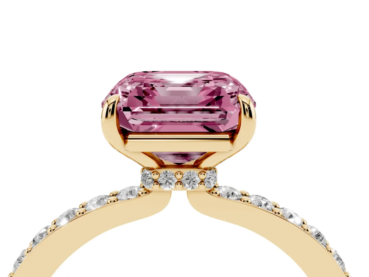 Fancy Pink Asscher Cut Diamond Pavé Engagement Ring with Round Accents and Prong Setting Yellow gold
