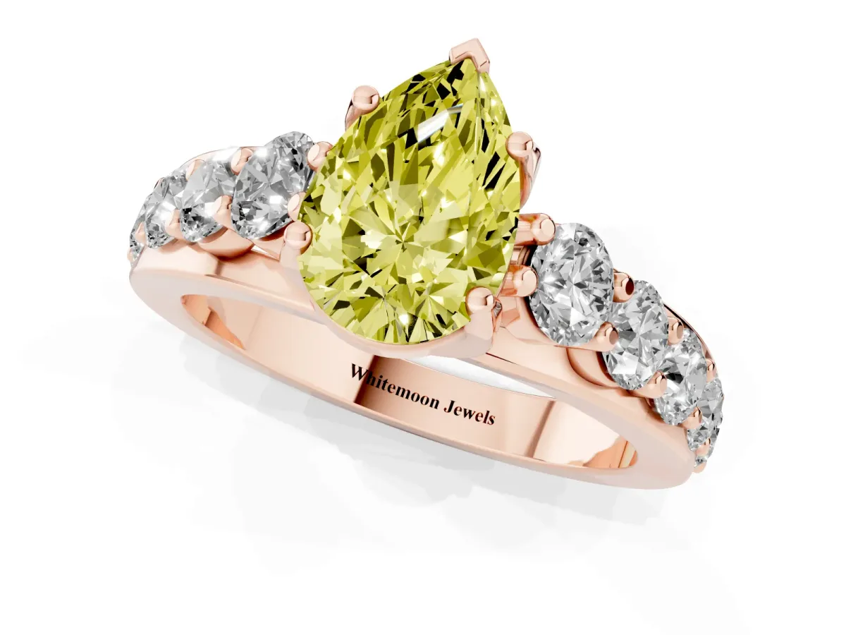 Fancy Yellow Pear Cut Diamond Engagement Ring with Pavé Band and Four-Prong Setting Rose gold