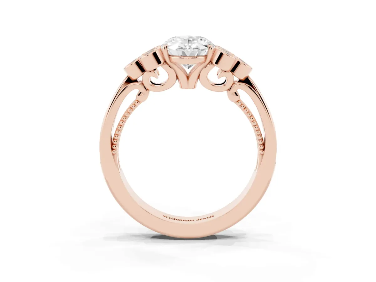 Oval Cut Cut Diamond Engagement Ring with Bezel Set Round Side Stones and Prong Setting Rose gold