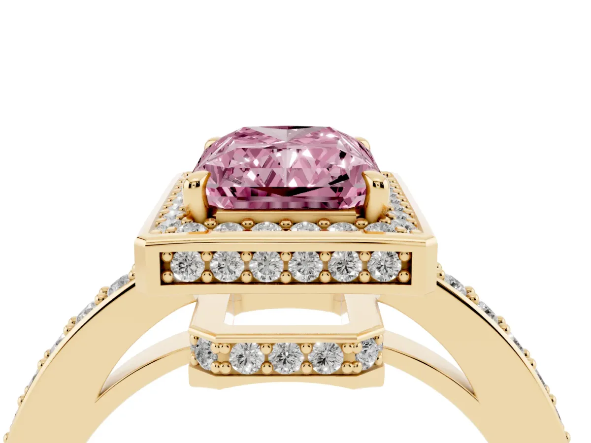 Fancy Pink Radiant Cut Halo Pave Band Solitaire Ring with Prong Setting Yellow gold