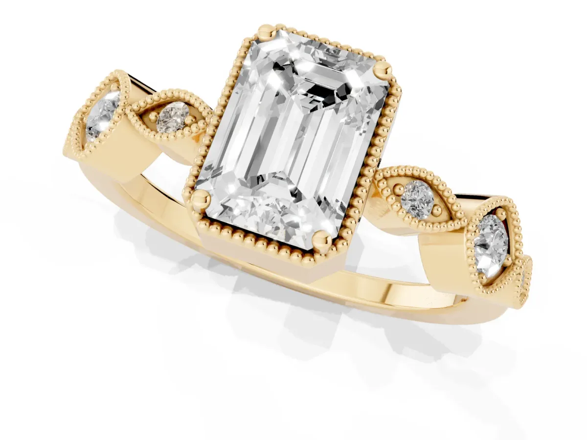 Emerald Cut Diamond Vintage Milgrain Ring with Round Stations Yellow gold