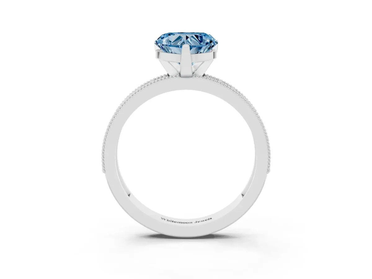Fancy Blue Heart Cut Diamond Milgrain Pavé Engagement Ring with Four-Prong Setting Silver