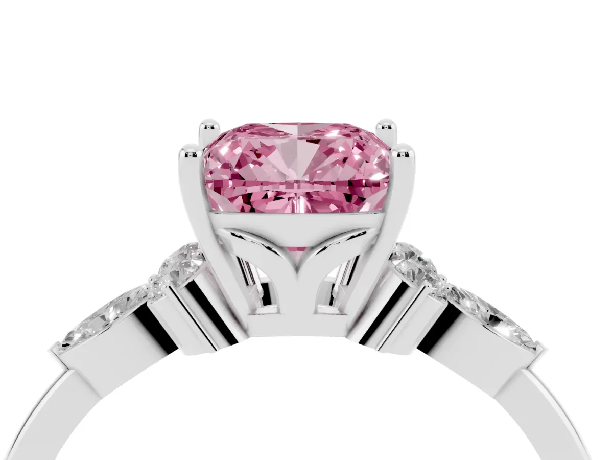 Fancy Pink Cushion Cut Brilliant Diamond Solitaire Ring with Pear Side Stones and Four-Prong Setting Silver