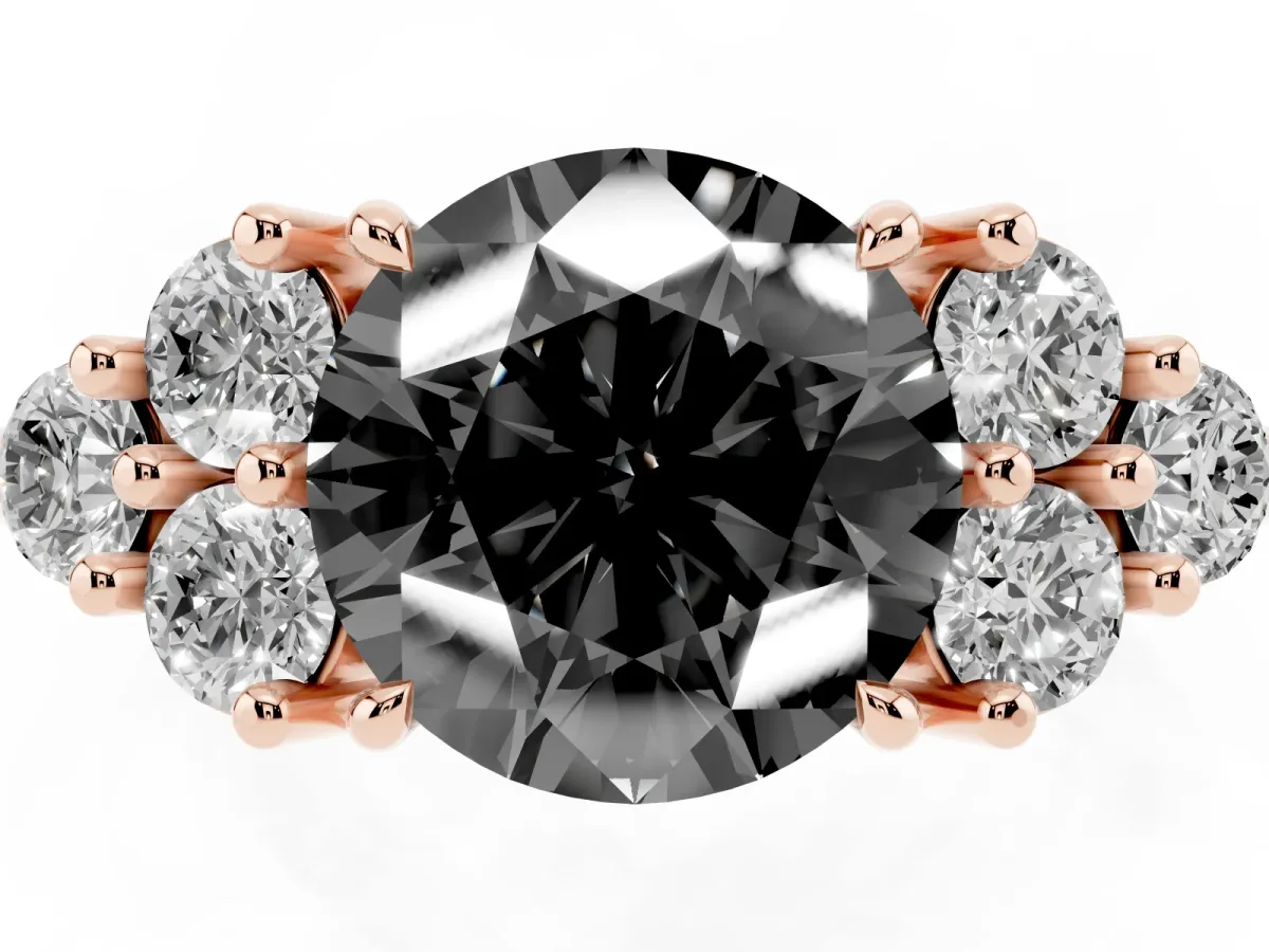 Fancy Black Round Cut Brilliant Diamond Cluster Accent Solitaire Ring with Prong Setting Rose gold