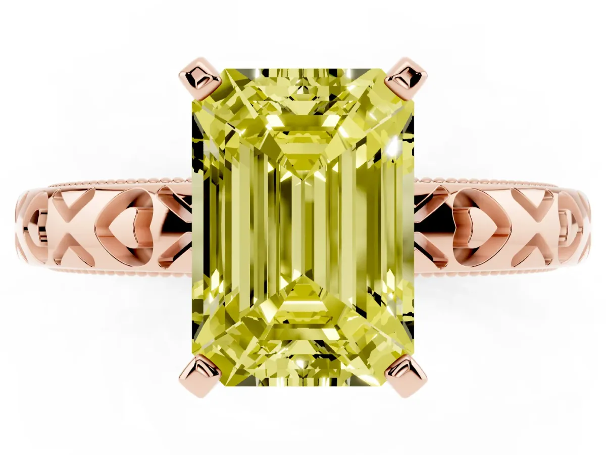 Fancy Yellow Emerald Cut Solitaire Diamond Engagement Ring with XO Engraved Band and Four-Prong Setting Rose gold